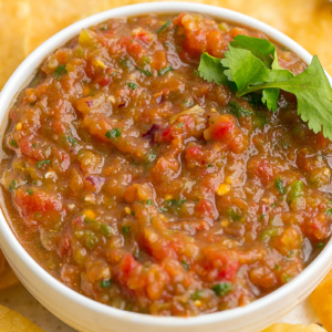 close up angled shot of bowl of blender salsa