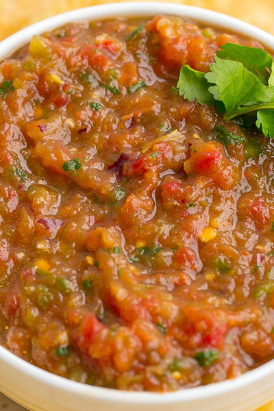 close up angled shot of bowl of blender salsa