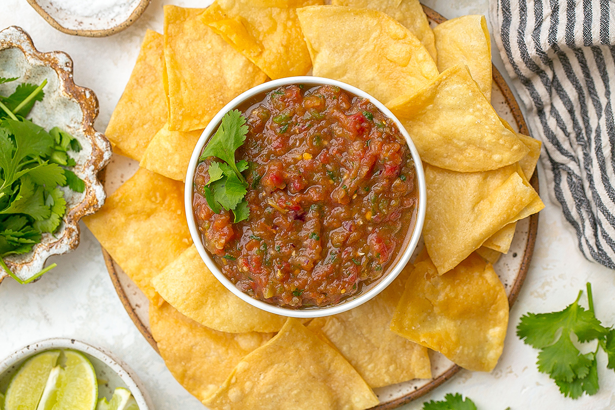 overhead shot of platter of chips and salsa