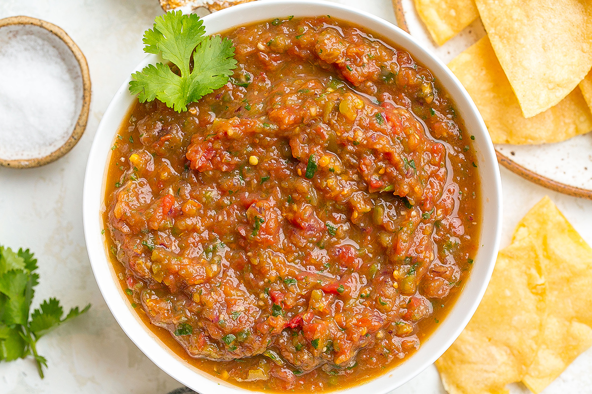 overhead shot of bowl of salsa made in a blender