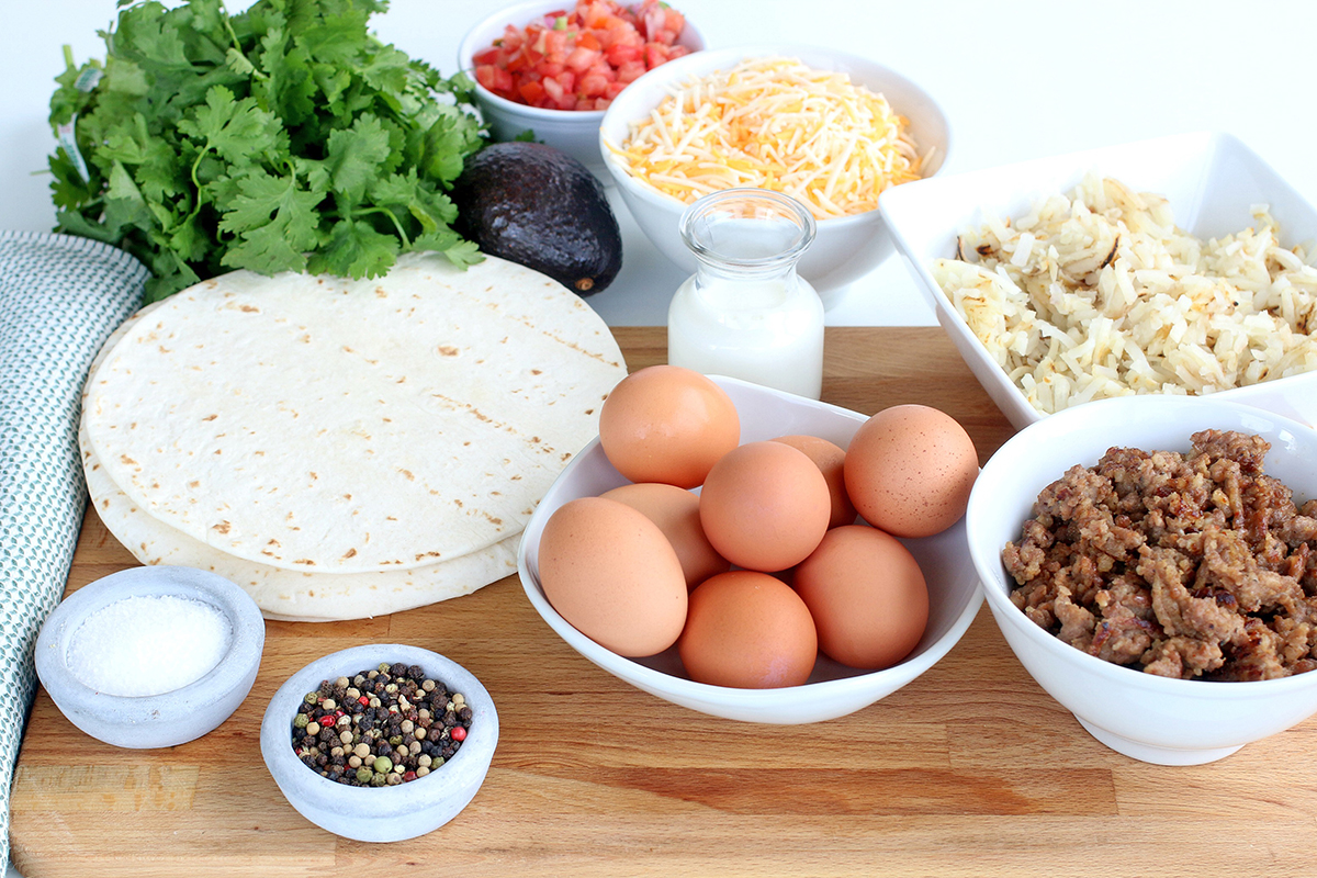 Ingredients for breakfast burritos
