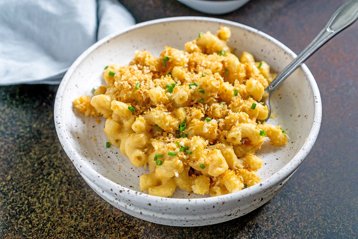 bowl with butternut squash mac and cheese