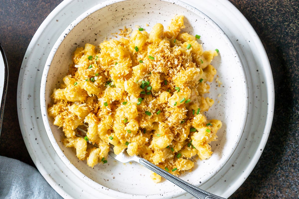 overhead shot of bowl of butternut squash mac and cheese