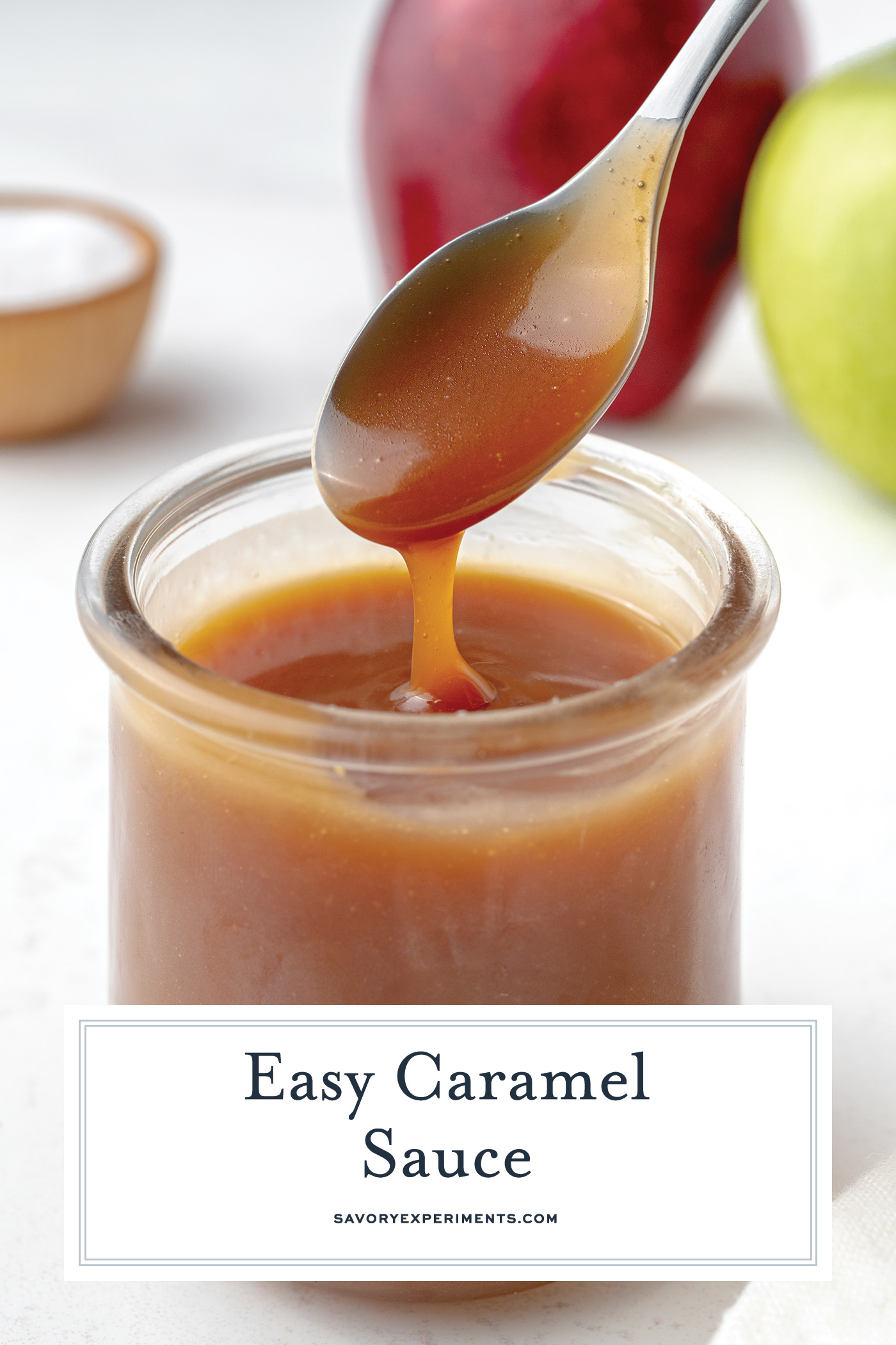 caramel dripping off of spoon with text overlay for pinterest