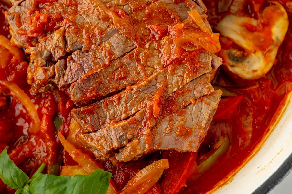 close up overhead shot of carne alla pizzaiola