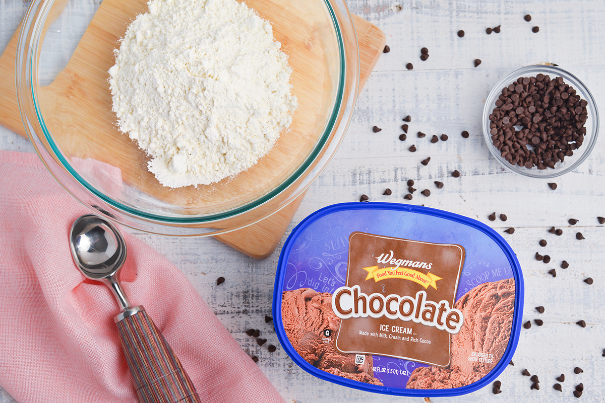 overhead shot of chocolate ice cream bread ingredients