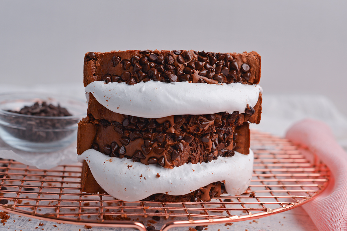 straight on shot of chocolate ice cream bread marshmallow sandwiches