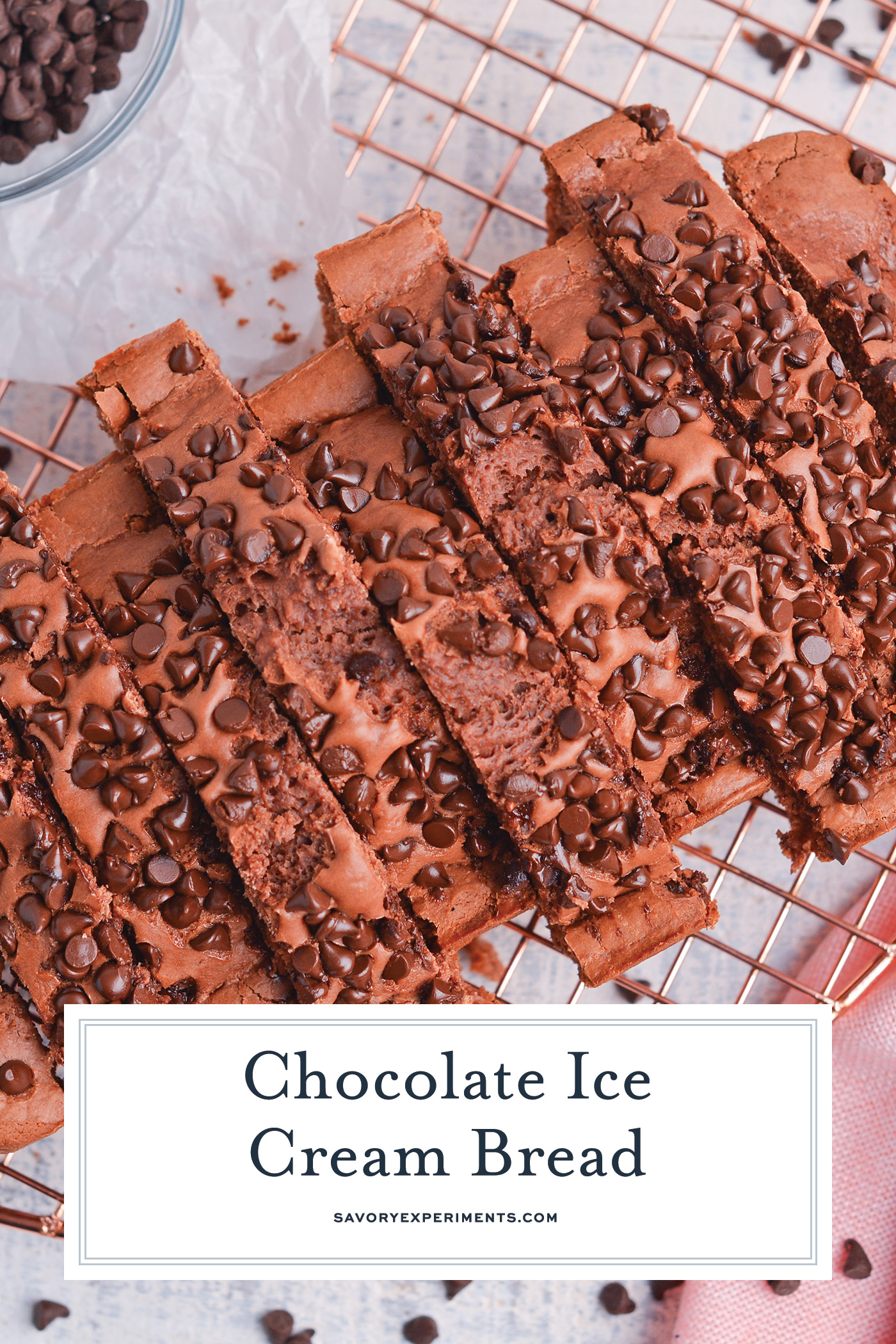 overhead shot of sliced chocolate ice cream bread with text overlay