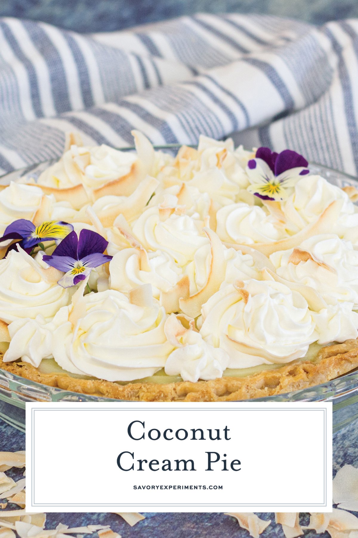 angled shot of coconut cream pie with text overlay