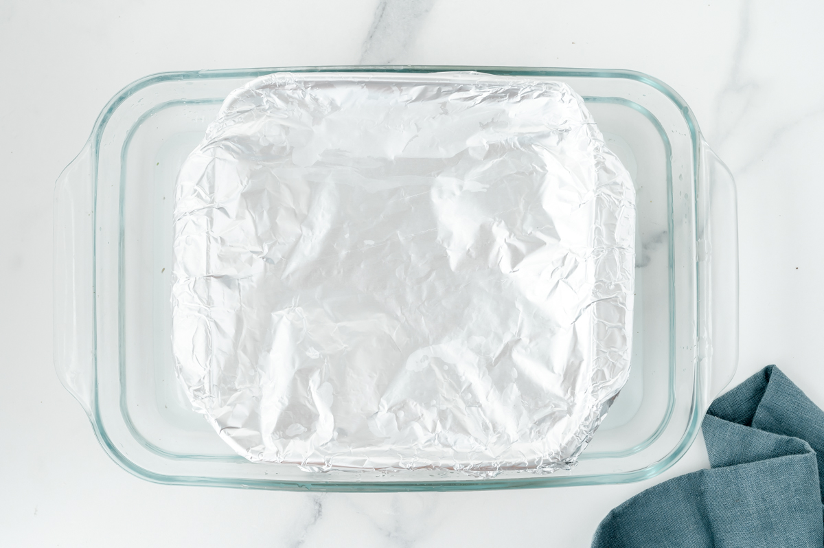 overhead shot of pan covered in foil