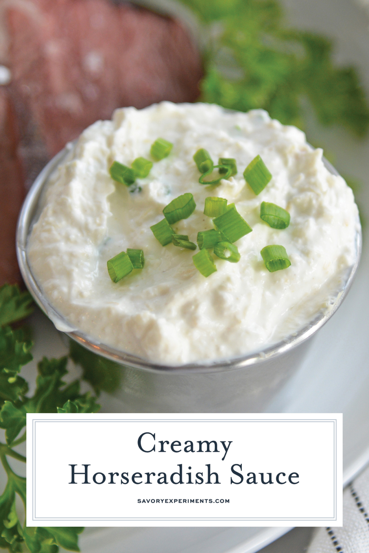 Close up of horseradish cream sauce with text overlay