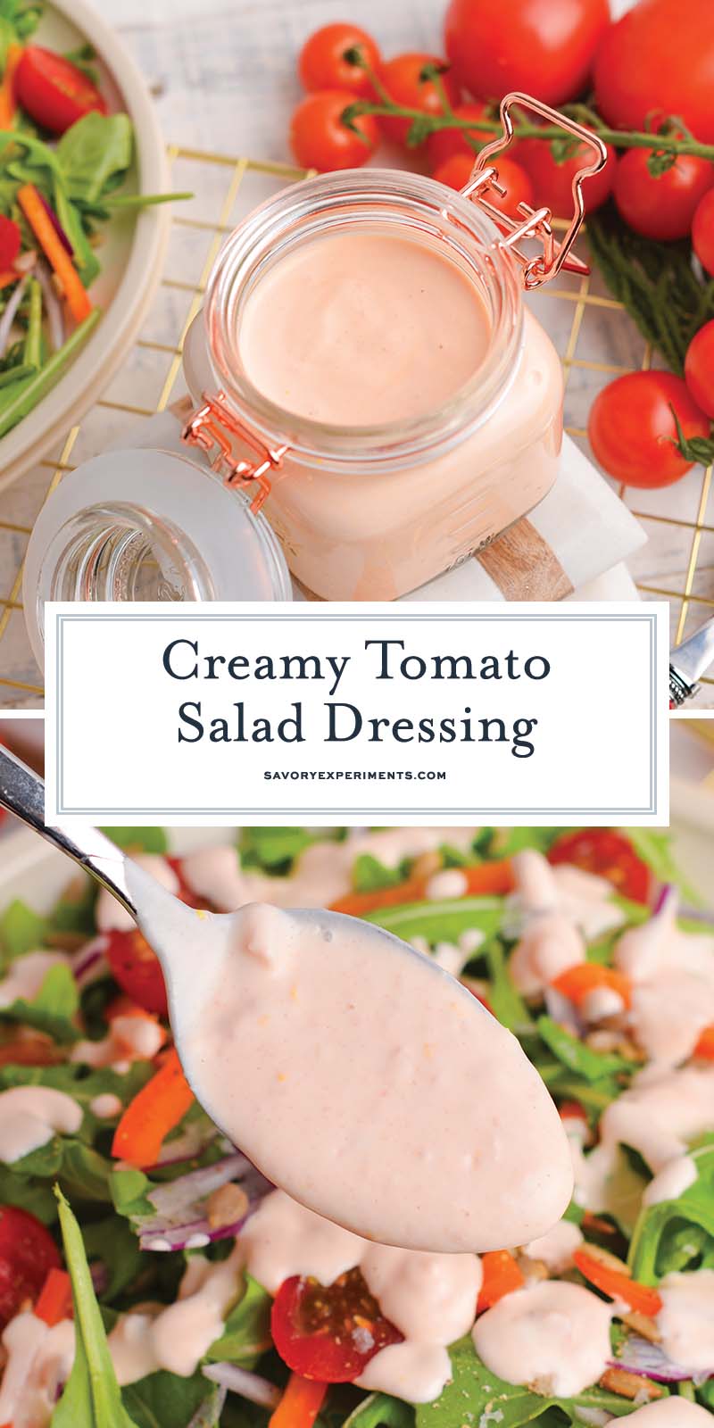 collage of creamy tomato salad dressing