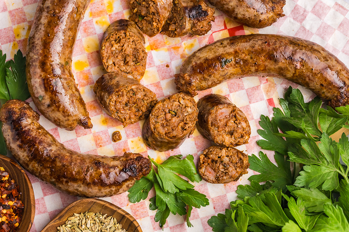 overhead shot of sliced homemade italian sausage