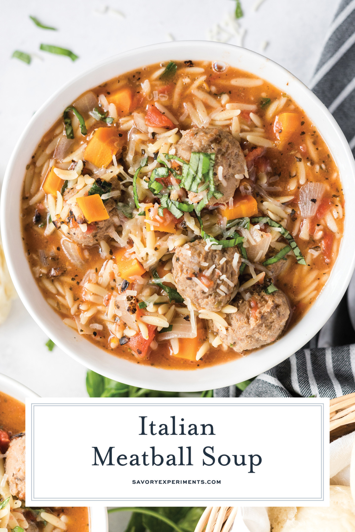 close up of meatball soup recipe with text overlay