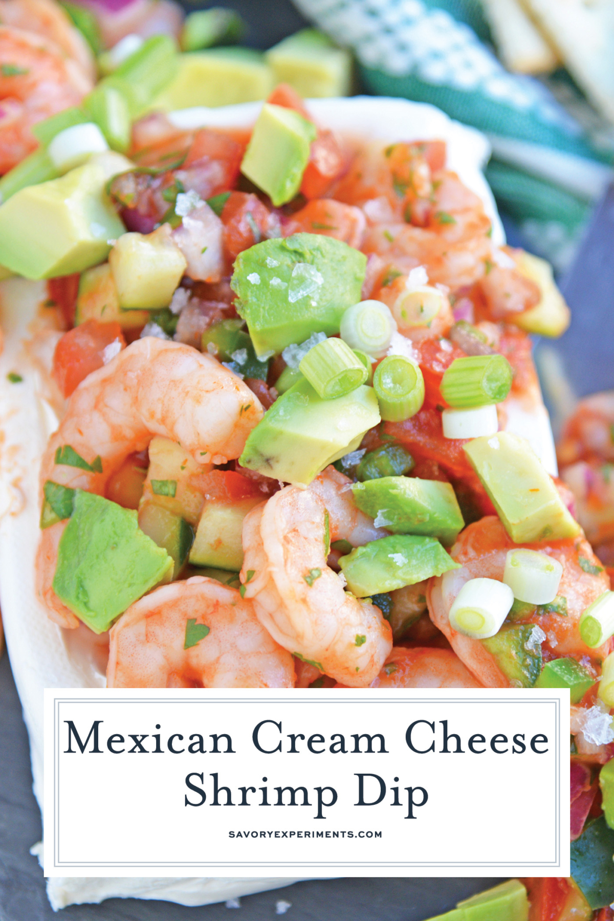 Close up of Mexican Cream Cheese Shrimp Dip with text overlay