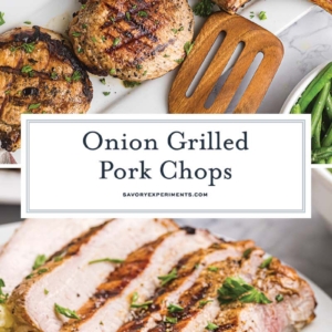 collage of onion grilled pork chops