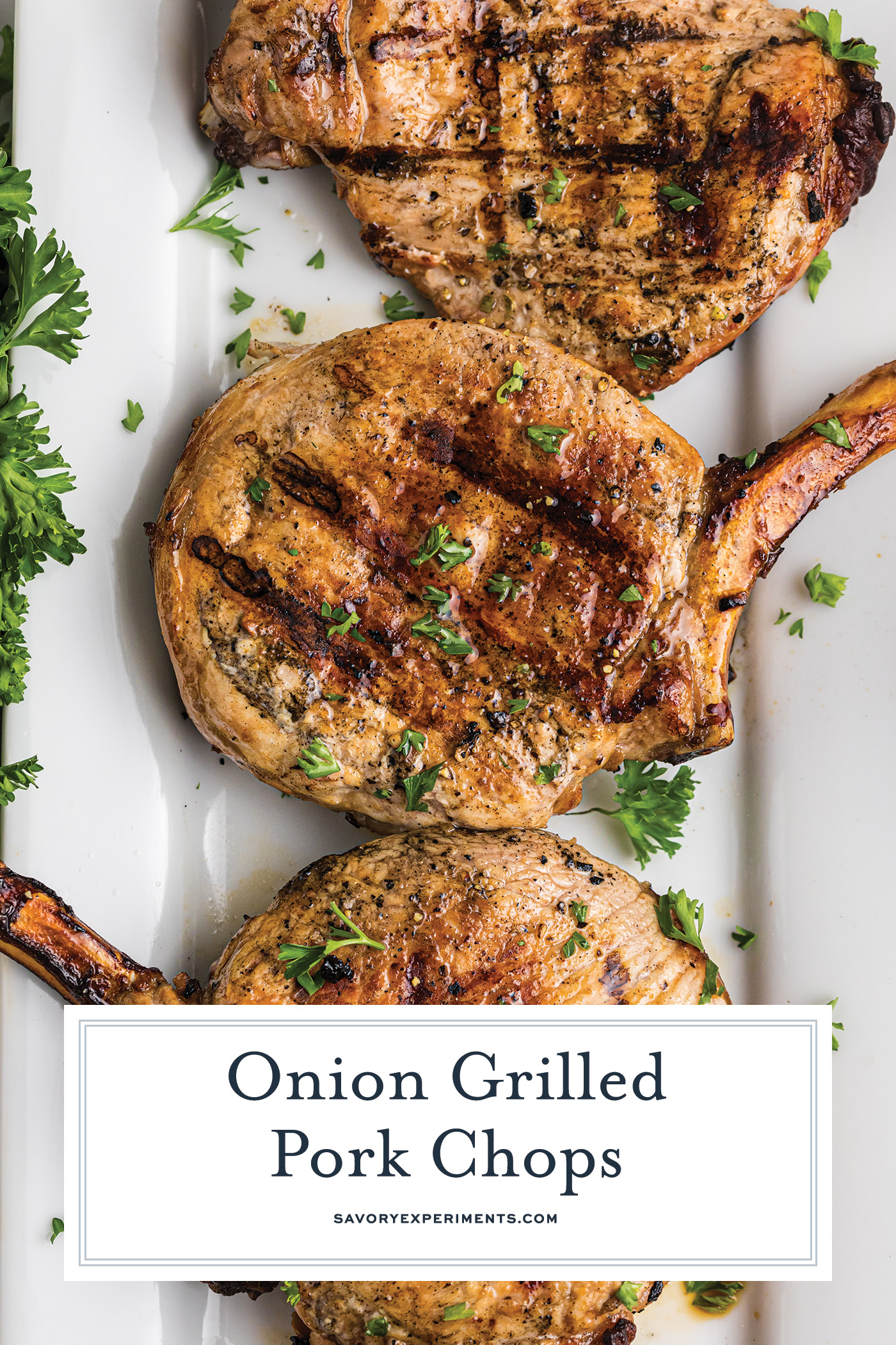 overhead shot of onion grilled pork chop with text overlay