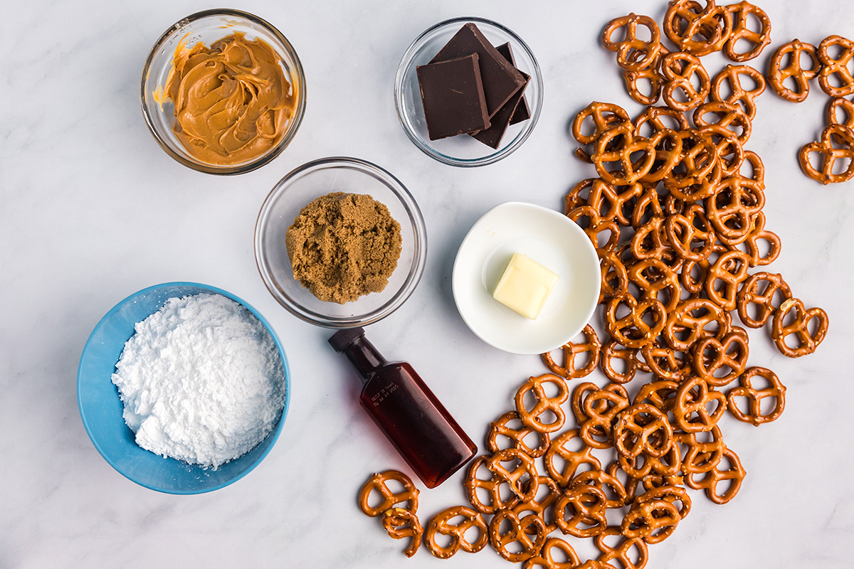 overhead shot of peanut butter pretzel bites ingredients