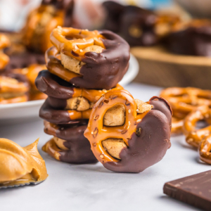 straight on shot of stack of peanut butter pretzel bites