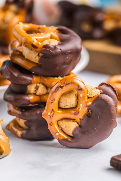 straight on shot of stack of peanut butter pretzel bites