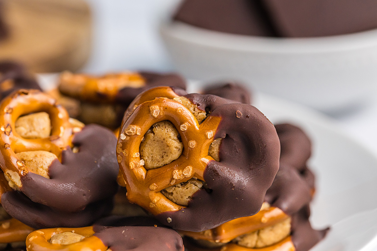 straight on close up shot of peanut butter pretzel bite