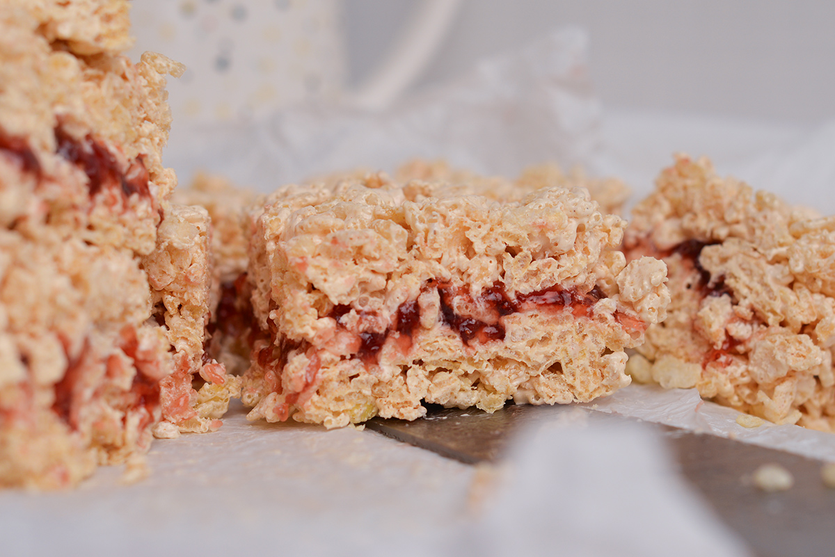 side shot of pb&j rice krispie treats