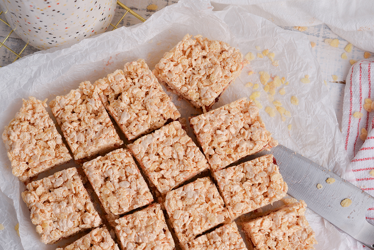 overhead shot of sliced pb&j rice krispie treats