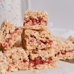 straight on shot of peanut butter and jelly rice krispie treats