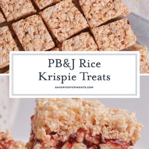 collage of peanut butter and jelly rice krispie treats