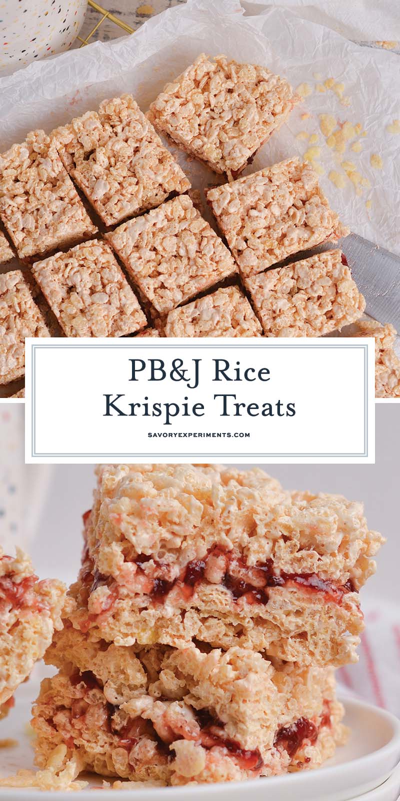 collage of peanut butter and jelly rice krispie treats