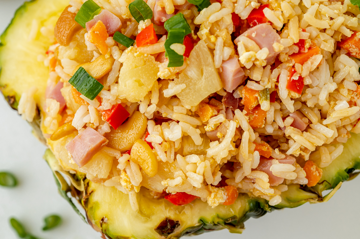 close up overhead shot of fried rice in a pineapple