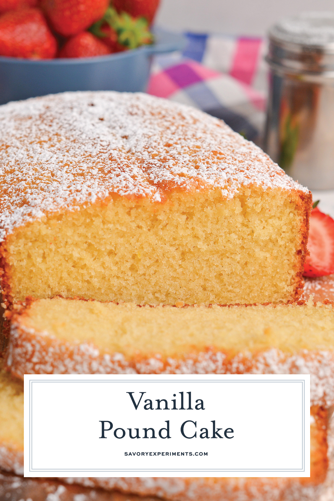angled shot of sliced vanilla pound cake with text overlay