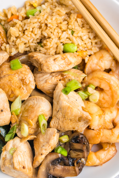 overhead of shrimp and chicken hibachi with fried rice