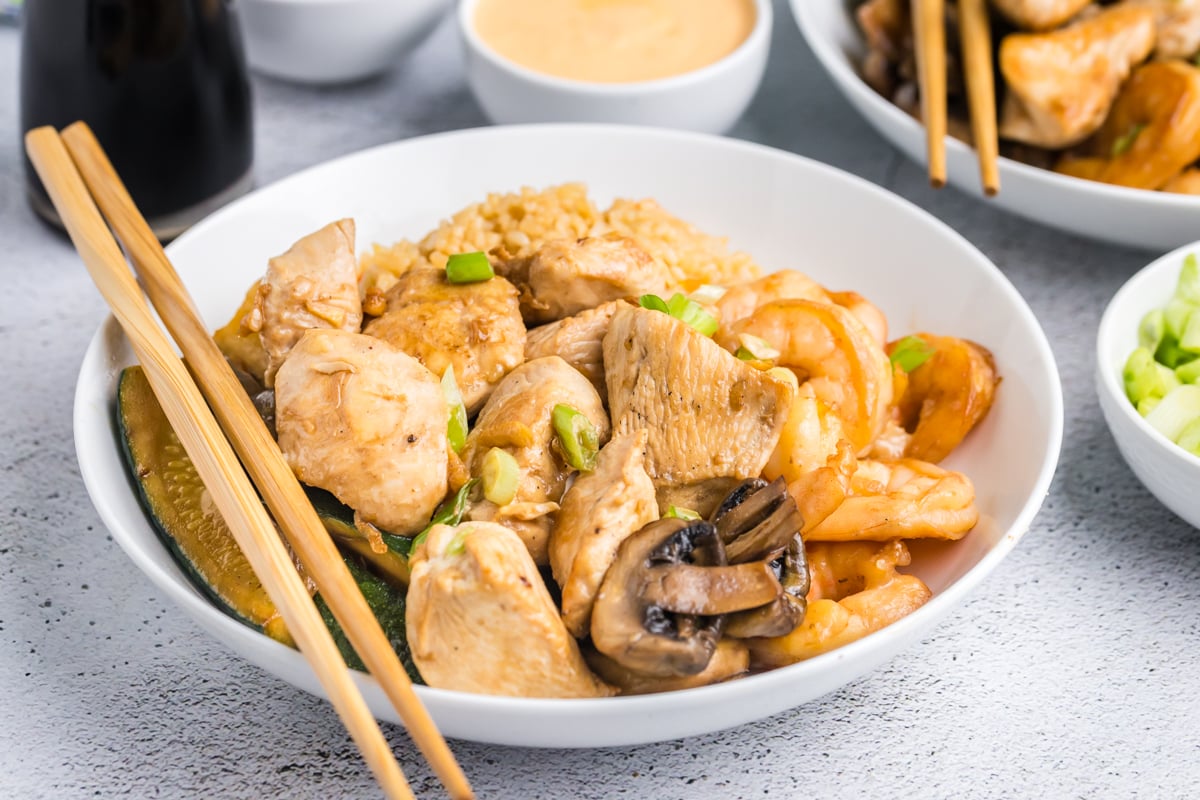 angle view of hibachi at home dinner in a large white bowl 