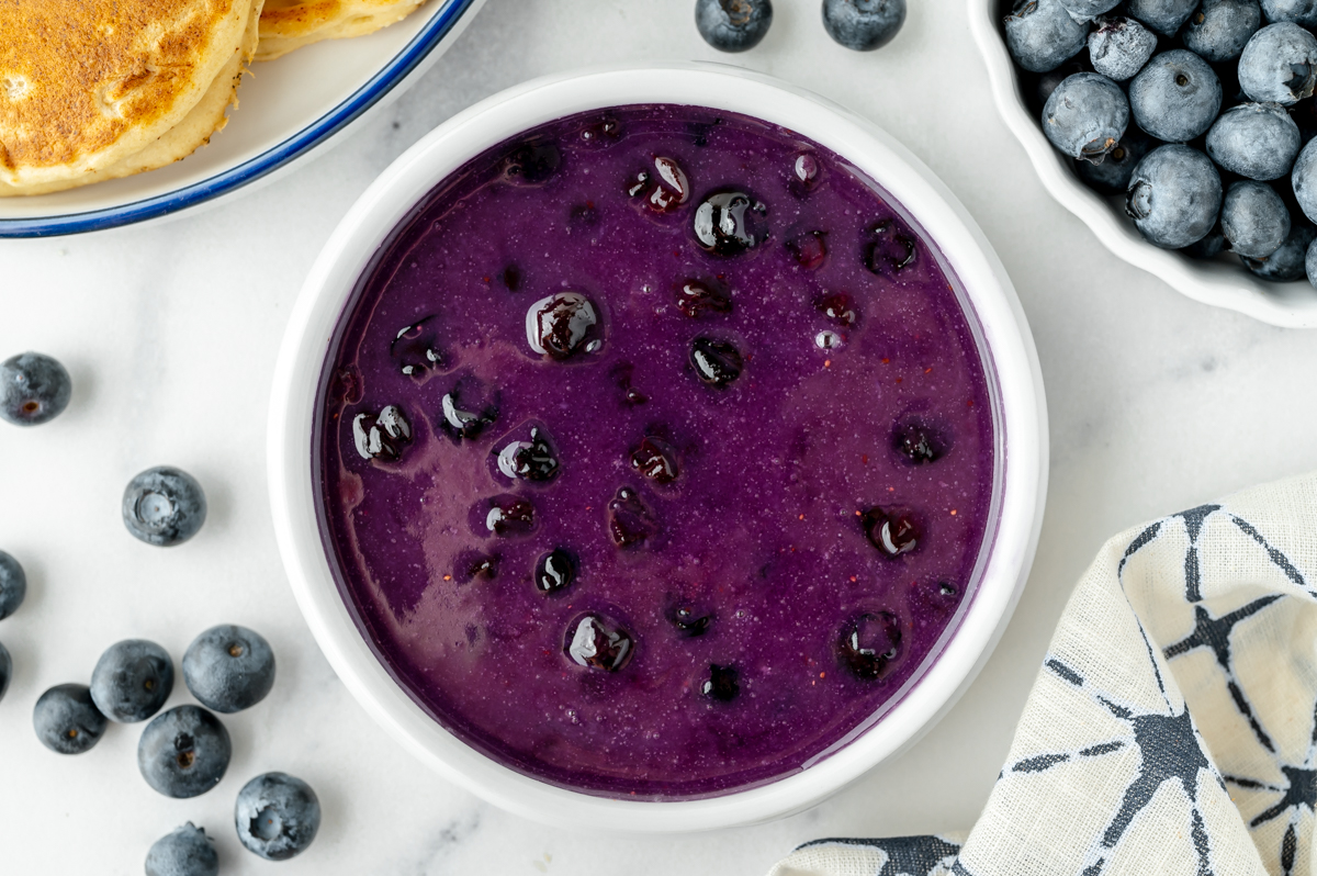 overhead shot of bowl of blueberry syrup