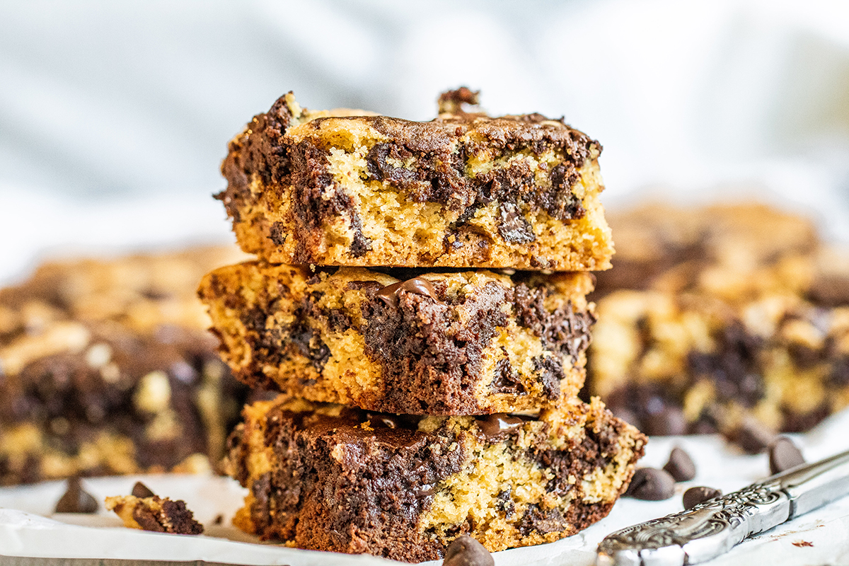 3 brookie bars on parchment paper