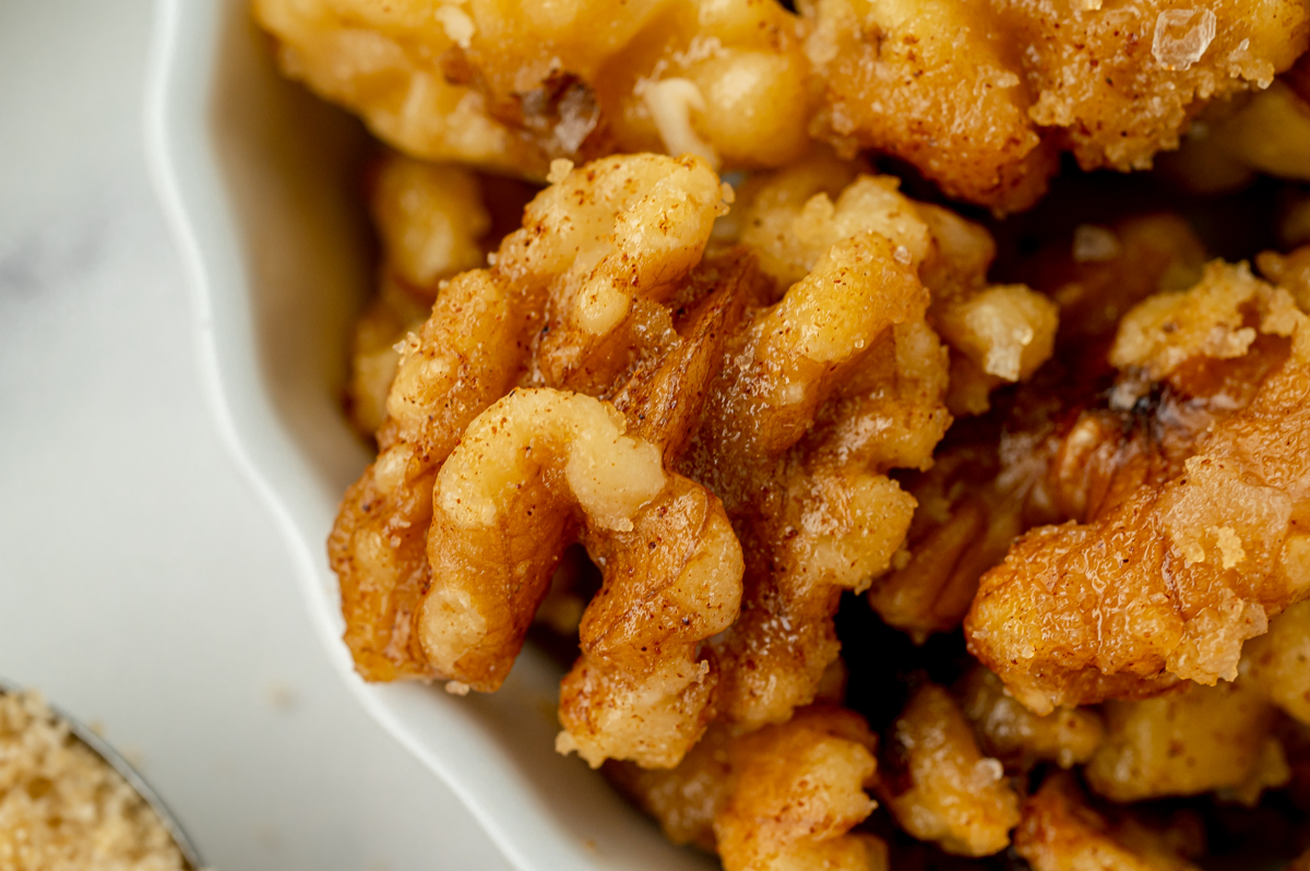 close up overhead shot of candied walnuts