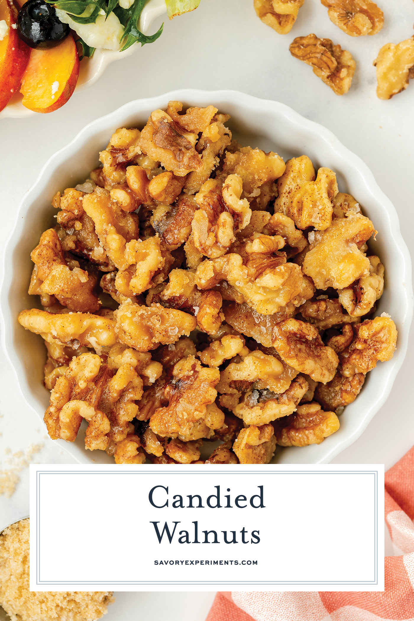 overhead shot of bowl of candied walnuts with text overlay