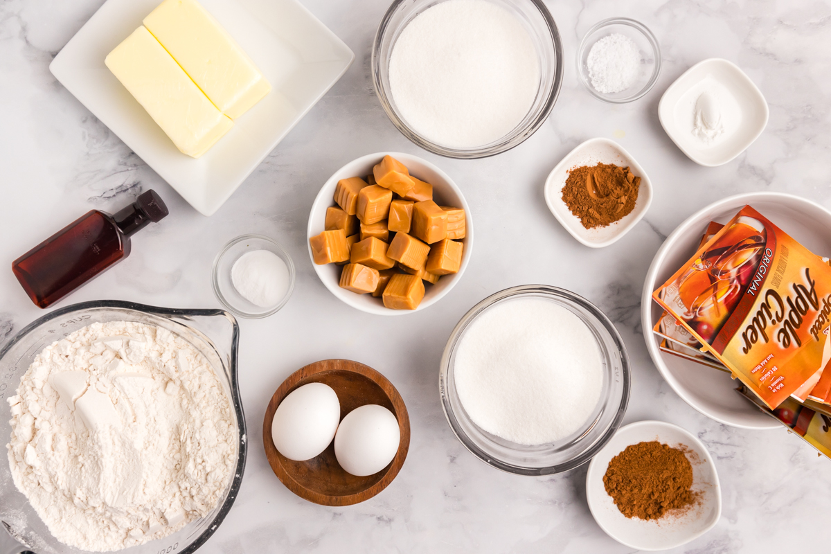 overhead shot of caramel apple cookie ingredients