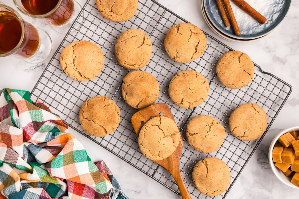 overhead shot of caramel apple cookies on cooling rack