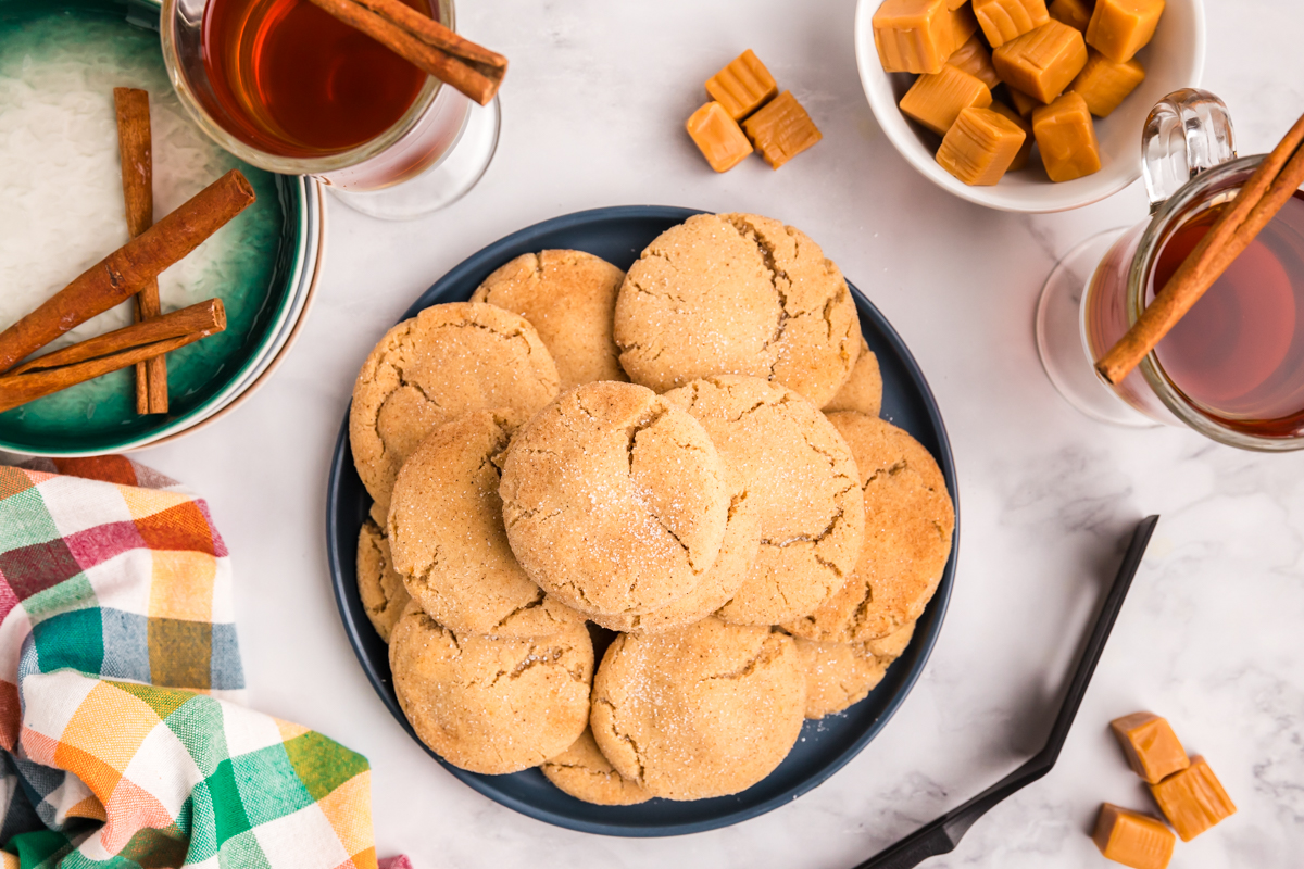 overhead shot of plate of caramel apple cookies