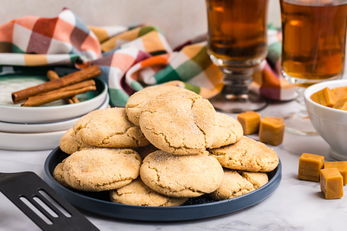 straight on shot of plate of caramel apple cookies