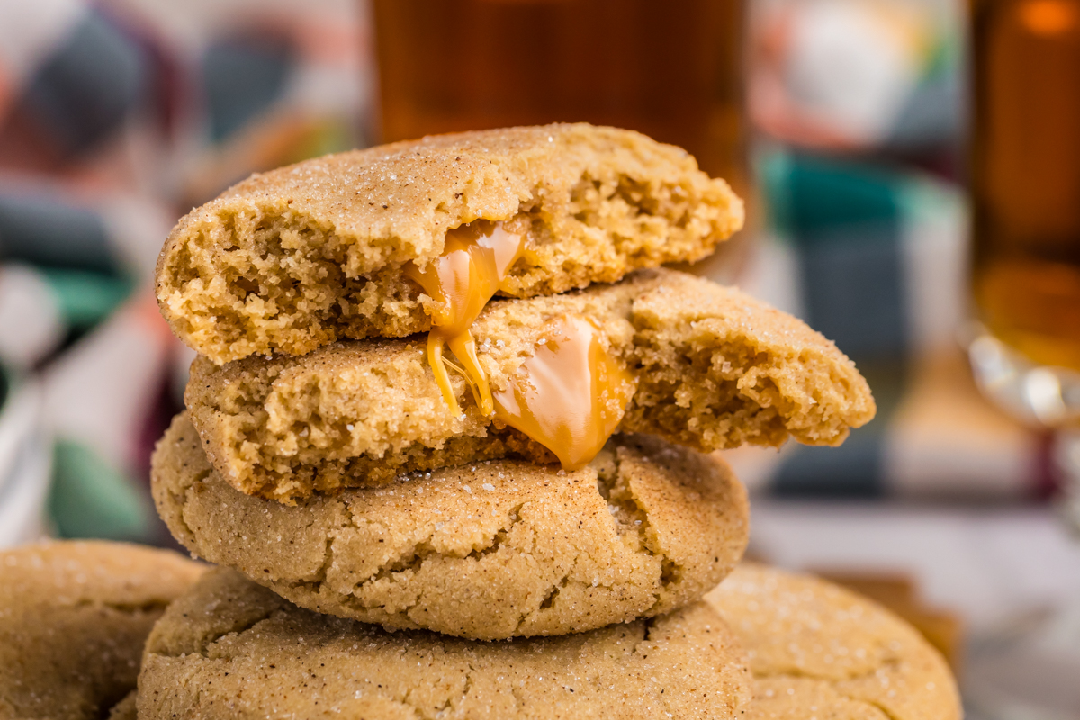 close up shot of caramel cookie broken in half