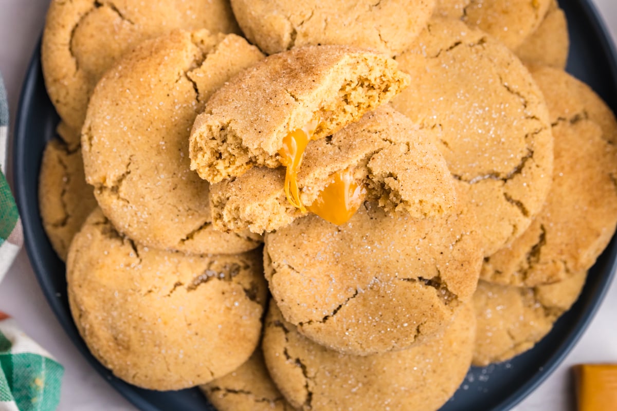 overhead shot of platter of caramel apple cookies