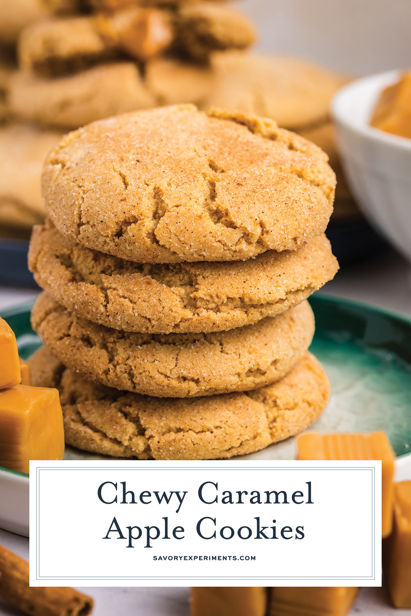 stack of caramel apple cookies with text overlay