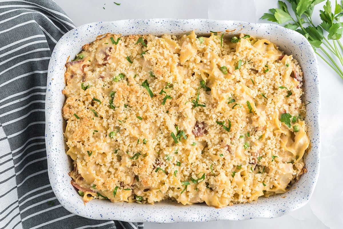 baked chicken noodle casserole in a casserole dish