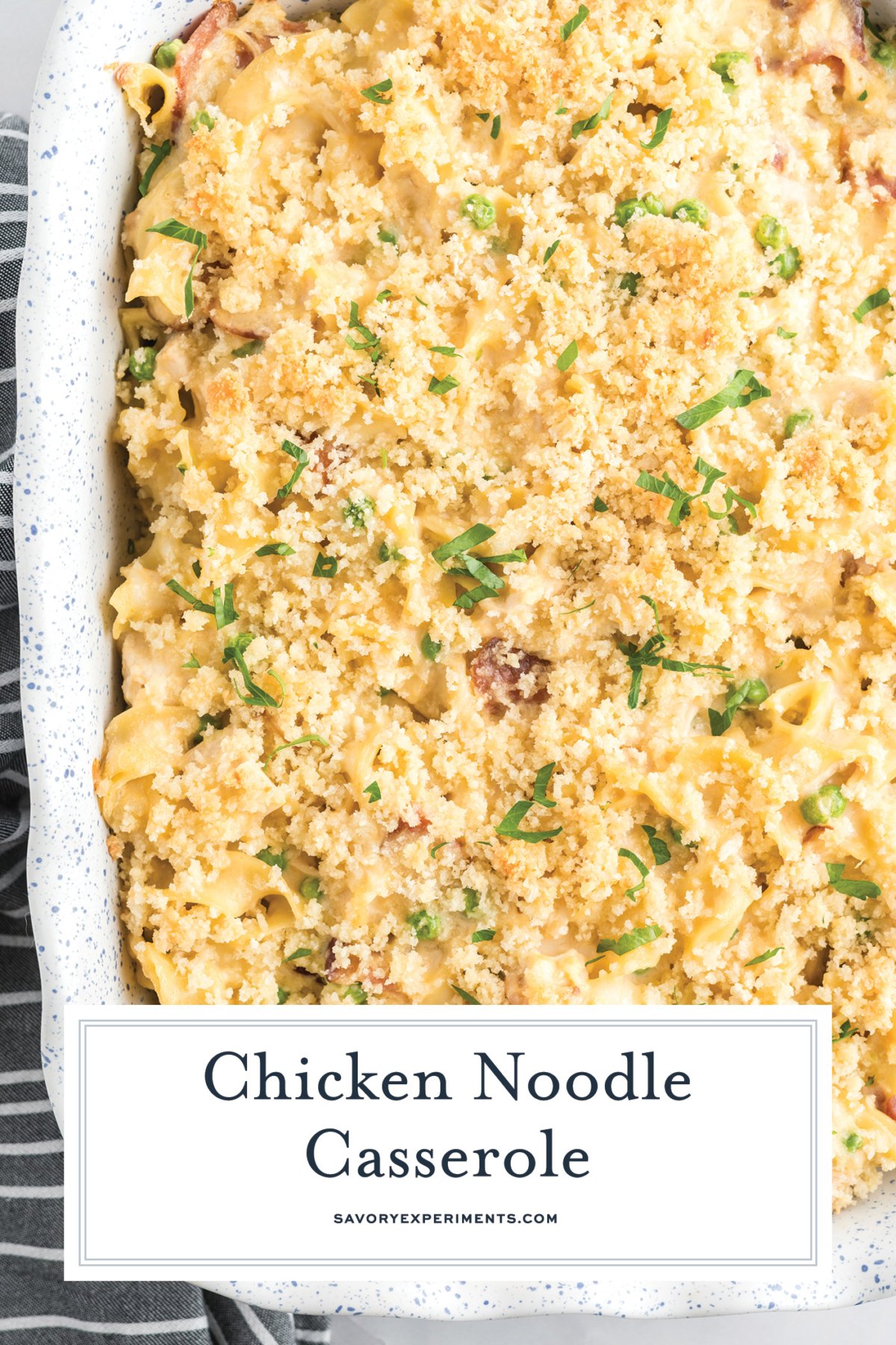 chicken noodle casserole close up with text overlay for pinterest