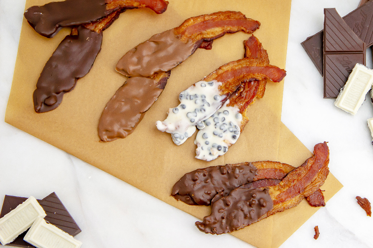 four types of chocolate covered bacon