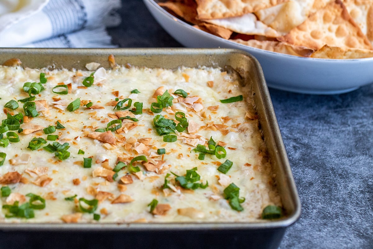 angle view of crab dip in square dish