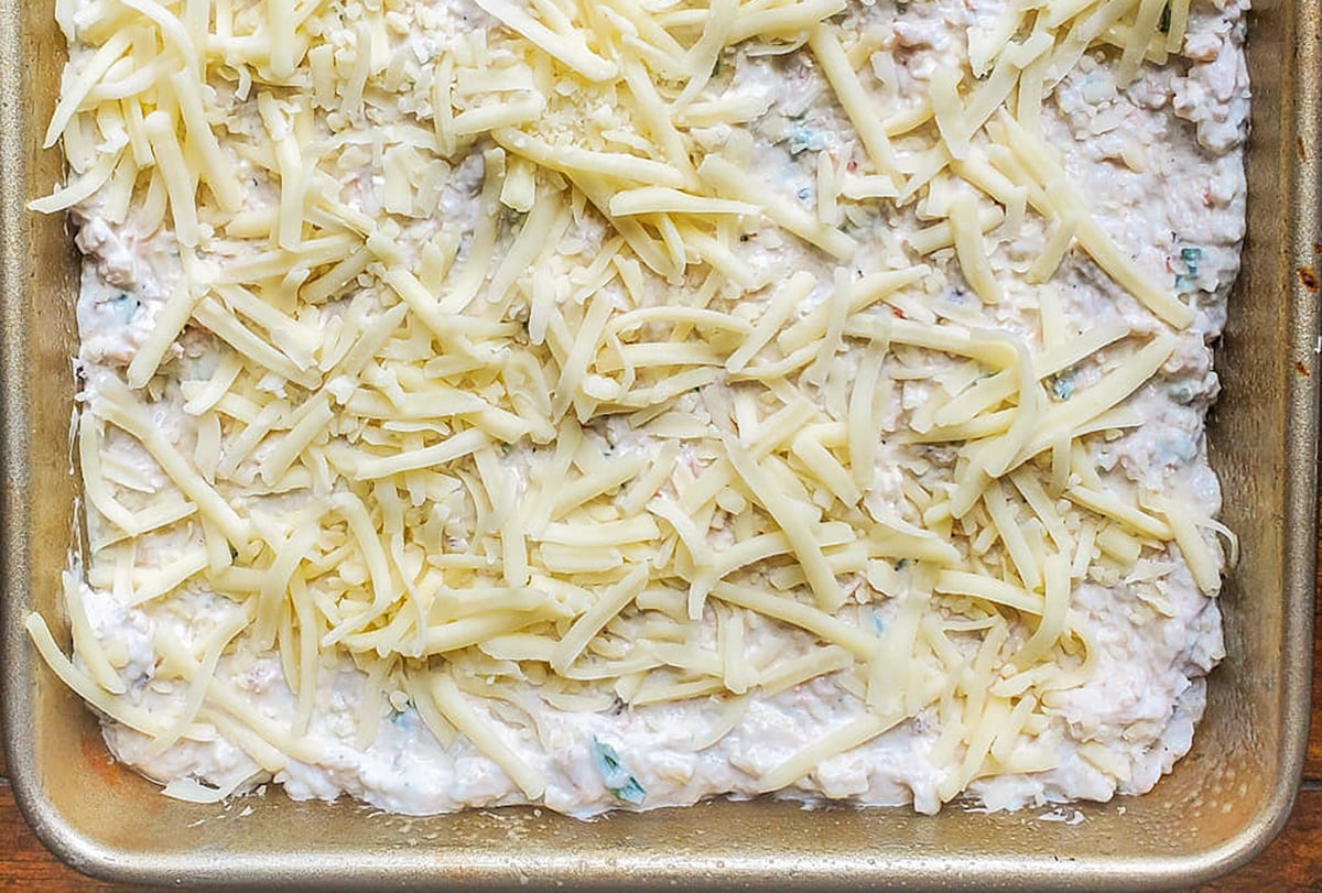 overhead shot of unbaked crab rangoon dip